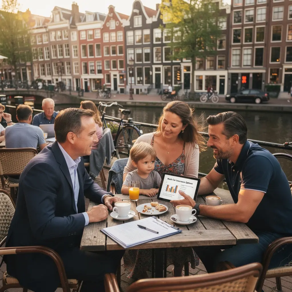 Een afbeelding van meerdere auto's geparkeerd op een oprit, met labels voor verschillende verzekeringsplannen.